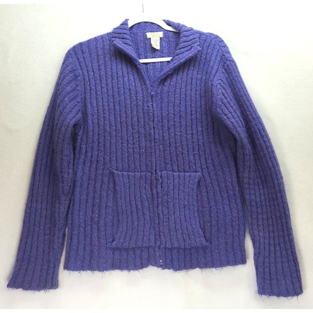 Kenje Natural Wool Blend Ribbed Cardigan Sweater Full Zip Purple